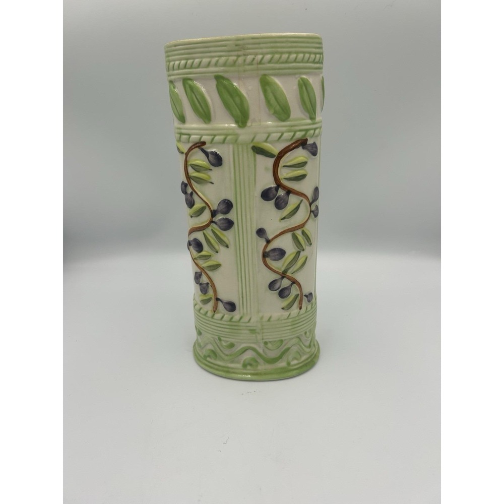 Majolica Style Olive Vine Cylinder Vase
